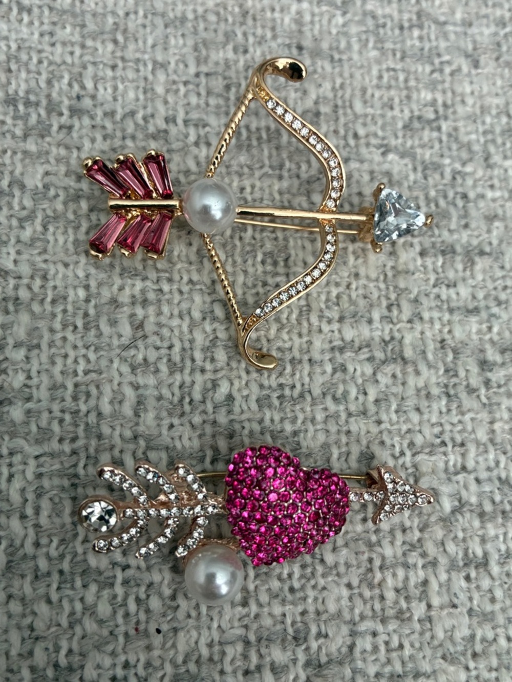 Gold-Tone Bow & Arrow and Heart Arrow Brooch Set with Pink Crystals and Pearls